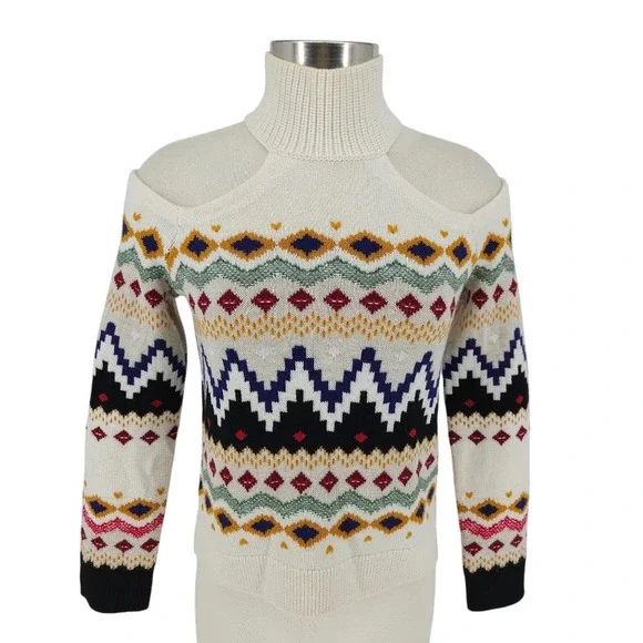 Alice + Olivia Leora Fairisle Turtleneck Wool Sweater Cold Shoulder Long Sleeve - Picture 1 of 7